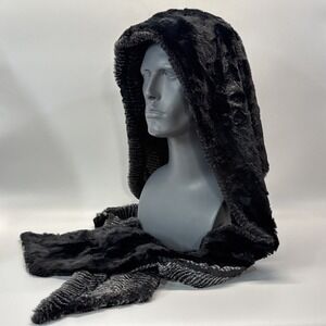 Pandemonium Millinery Hoody Scarf Nightshade Faux Fur Reversible Black Gray NEW